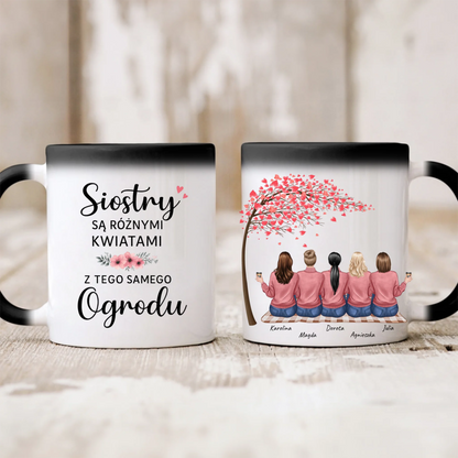 Kubek personalizowany dla sióstr SIOSTRY SĄ RÓŻNYMI KWIATAMI Z TEGO SAMEGO OGRODU | z personalizacją imion #10092