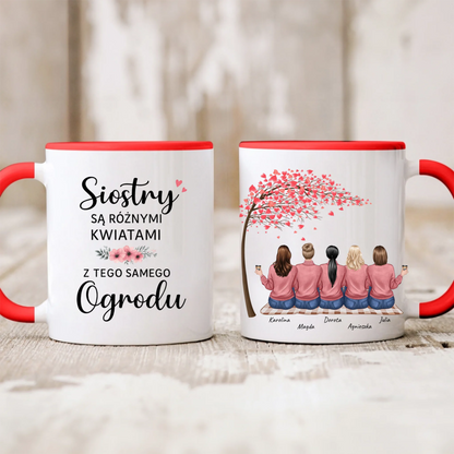 Kubek personalizowany dla sióstr SIOSTRY SĄ RÓŻNYMI KWIATAMI Z TEGO SAMEGO OGRODU | z personalizacją imion #10092