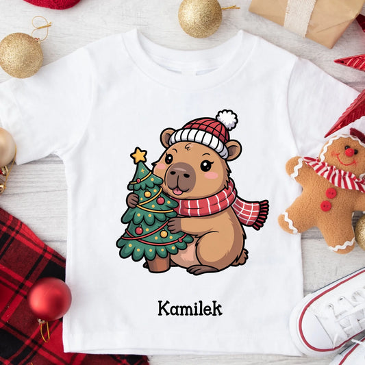 Koszulka świąteczna dla dziecka z imieniem i Kapibarą - Prezent na święta #9482