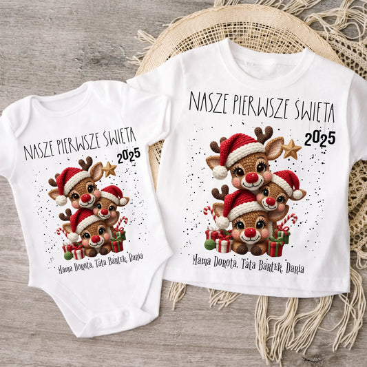 Koszulka świąteczna dla rodziny z reniferem - nasze pierwsze święta 2025 #9241