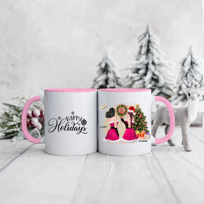 Świąteczny kubek personalizowany dla przyjaciółek HAPPY HOLIDAYS | motyw z choinką #2