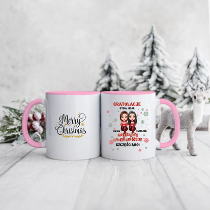 Świąteczny kubek personalizowany dla przyjaciółek GRATULUJE BYCIA MOJĄ NAJLEPSZĄ PRZYJACIÓŁKĄ SZCZĘŚCIARO! | zabawny motyw #994