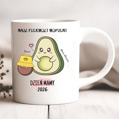 Kubek personalizowany dla mamy i dziecka NASZ PIERWSZY WSPÓLNY DZIEŃ MAMY | motyw z awokado #571