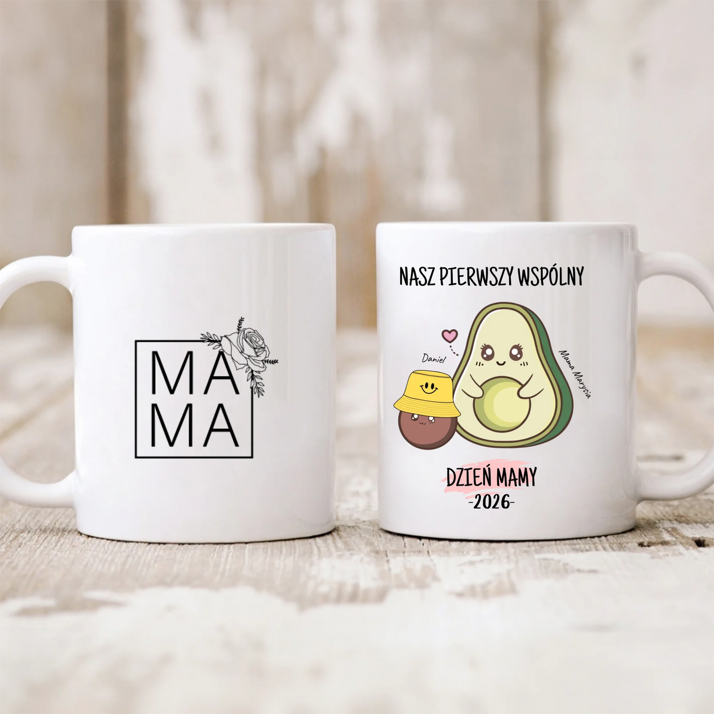 Kubek personalizowany dla mamy i dziecka NASZ PIERWSZY WSPÓLNY DZIEŃ MAMY | motyw z awokado #571