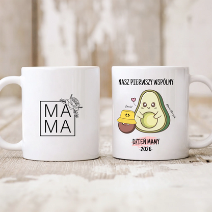 Kubek personalizowany dla mamy i dziecka NASZ PIERWSZY WSPÓLNY DZIEŃ MAMY | motyw z awokado #571