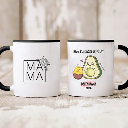 Kubek personalizowany dla mamy i dziecka NASZ PIERWSZY WSPÓLNY DZIEŃ MAMY | motyw z awokado #571