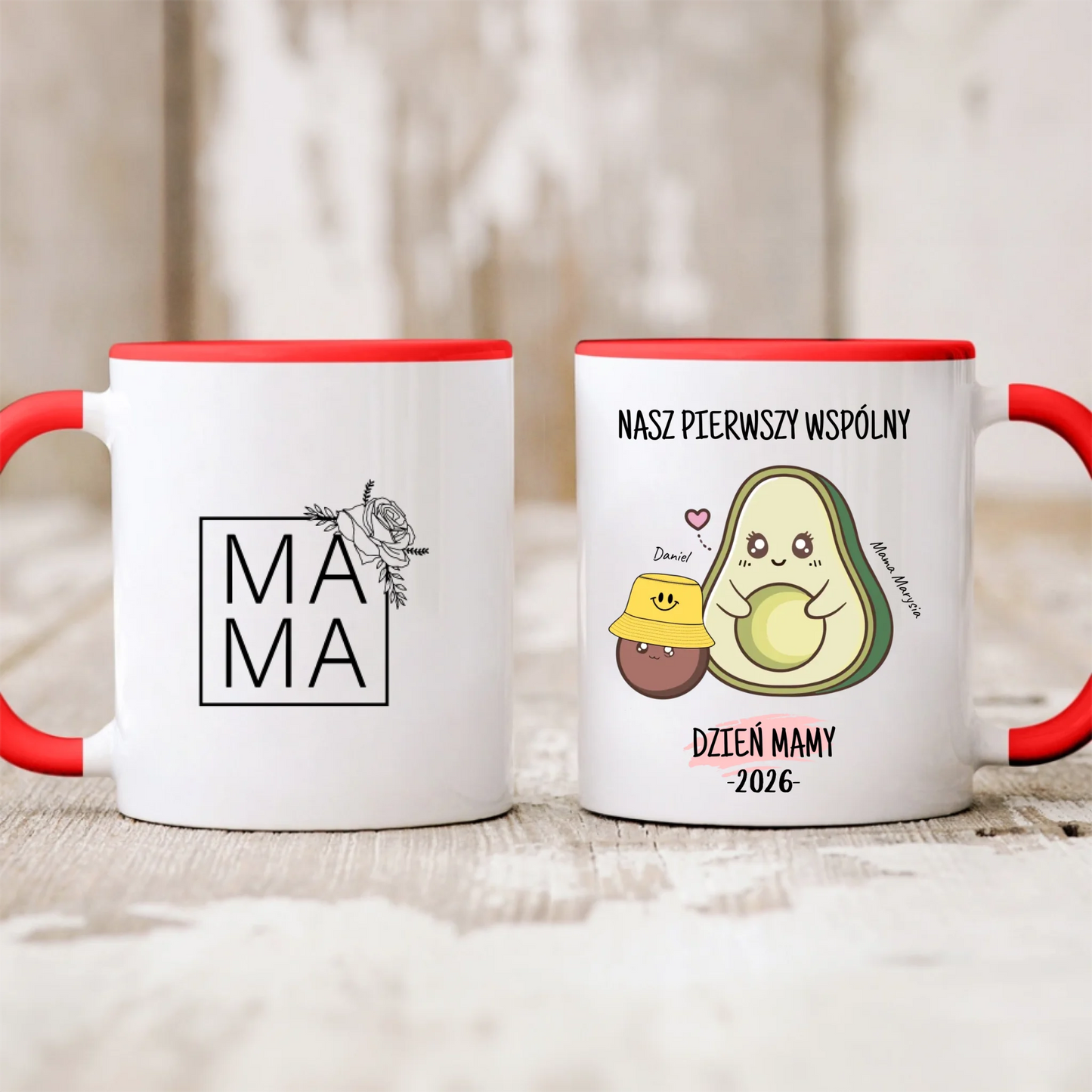 Kubek personalizowany dla mamy i dziecka NASZ PIERWSZY WSPÓLNY DZIEŃ MAMY | motyw z awokado #571