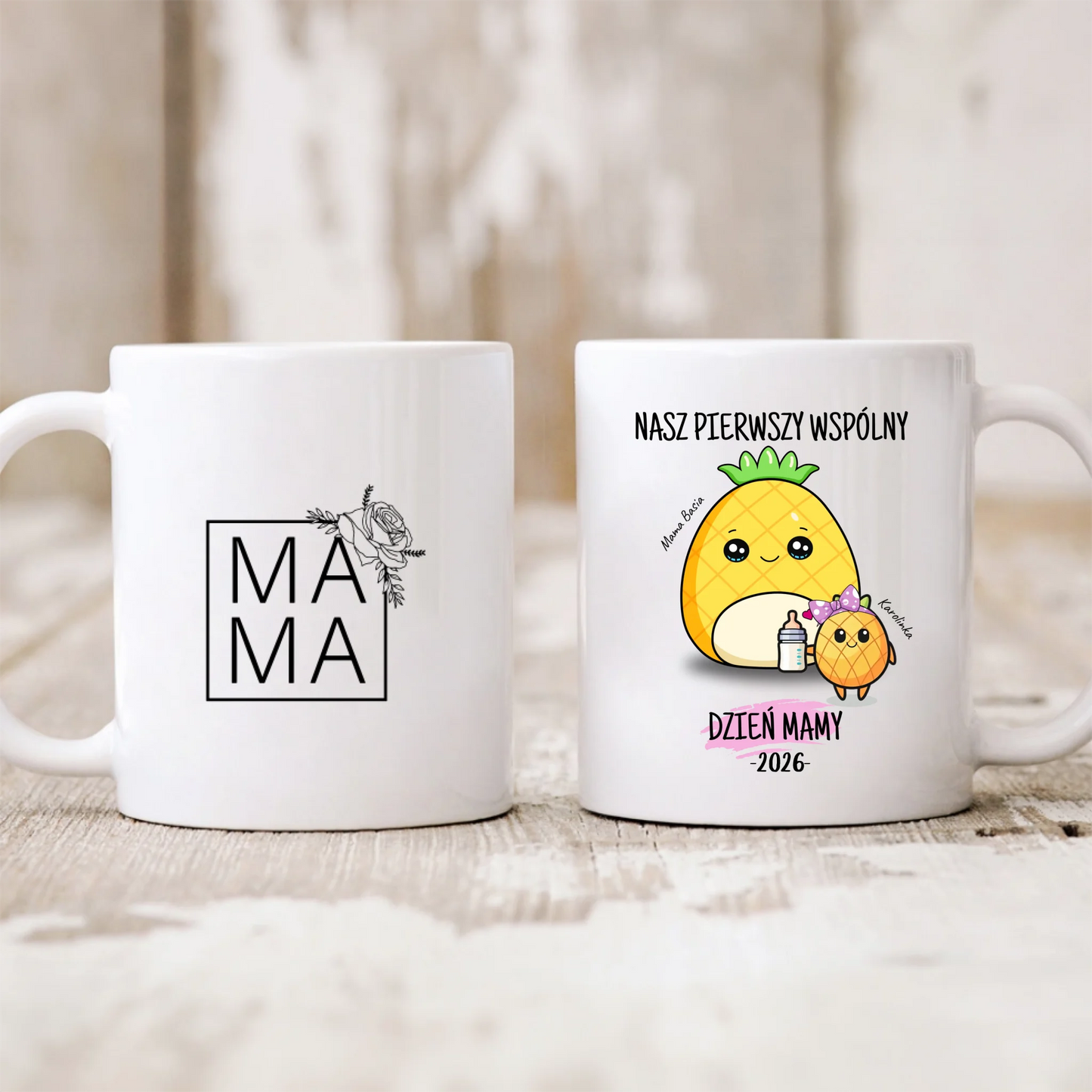 Kubek personalizowany dla mamy i dziecka NASZ PIERWSZY WSPÓLNY DZIEŃ MAMY | motyw z ananasami #573
