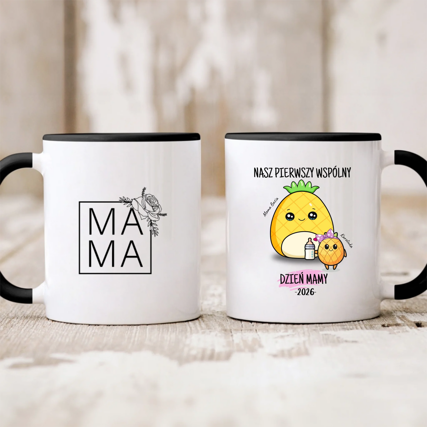 Kubek personalizowany dla mamy i dziecka NASZ PIERWSZY WSPÓLNY DZIEŃ MAMY | motyw z ananasami #573
