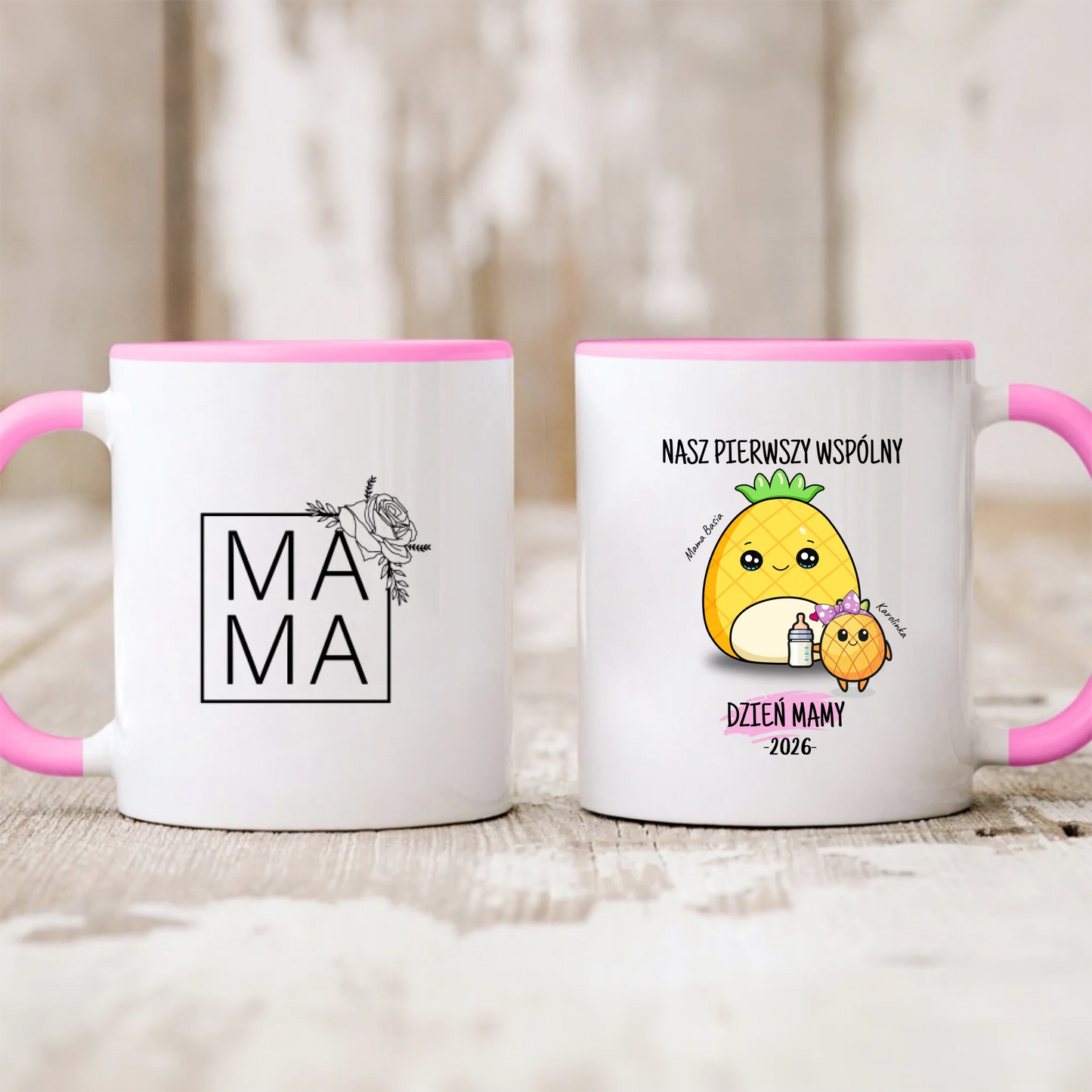 Kubek personalizowany dla mamy i dziecka NASZ PIERWSZY WSPÓLNY DZIEŃ MAMY | motyw z ananasami #573