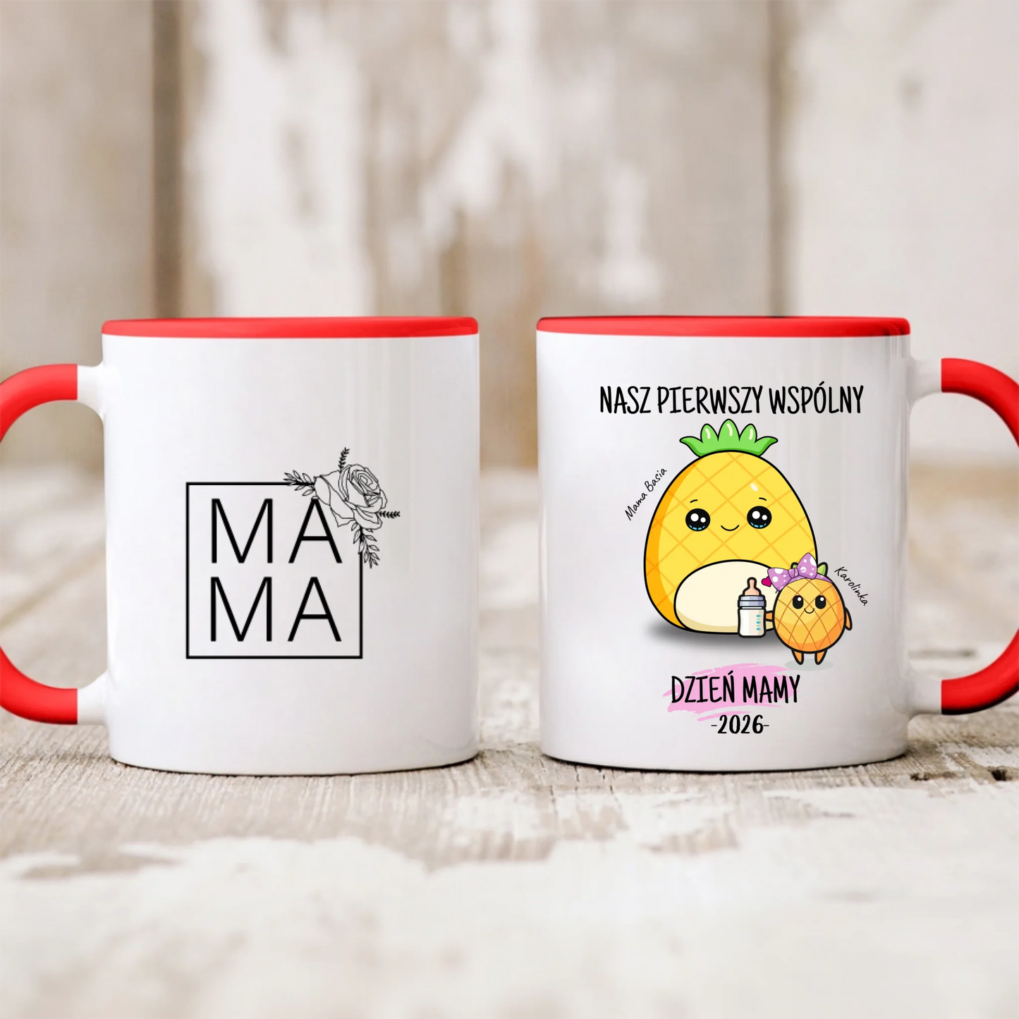 Kubek personalizowany dla mamy i dziecka NASZ PIERWSZY WSPÓLNY DZIEŃ MAMY | motyw z ananasami #573