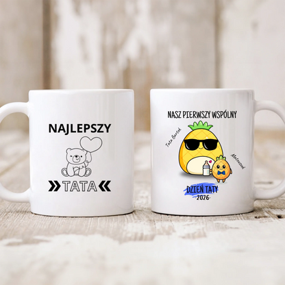 Kubek personalizowany dla taty i dziecka NASZ PIERWSZY WSPÓLNY DZIEŃ TATY | motyw z ananasami #5151