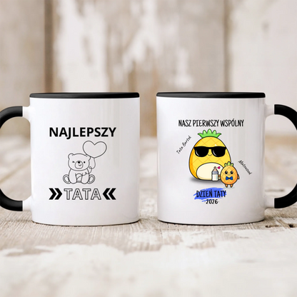 Kubek personalizowany dla taty i dziecka NASZ PIERWSZY WSPÓLNY DZIEŃ TATY | motyw z ananasami #5151
