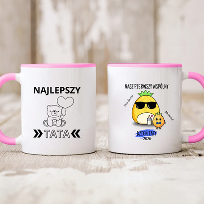 Kubek personalizowany dla taty i dziecka NASZ PIERWSZY WSPÓLNY DZIEŃ TATY | motyw z ananasami #5151