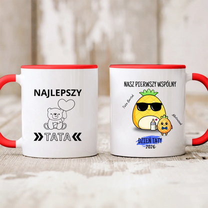 Kubek personalizowany dla taty i dziecka NASZ PIERWSZY WSPÓLNY DZIEŃ TATY | motyw z ananasami #5151