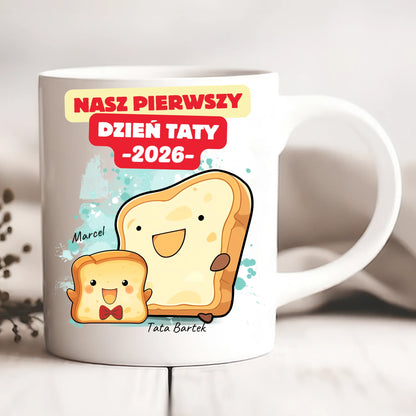 Kubek personalizowany dla taty i dziecka NASZ PIERWSZY DZIEŃ TATY | motyw z kromkami chleba #51441