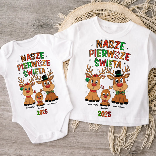Koszulka świąteczna z reniferem - nasze pierwsze święta - Prezent na święta #9213
