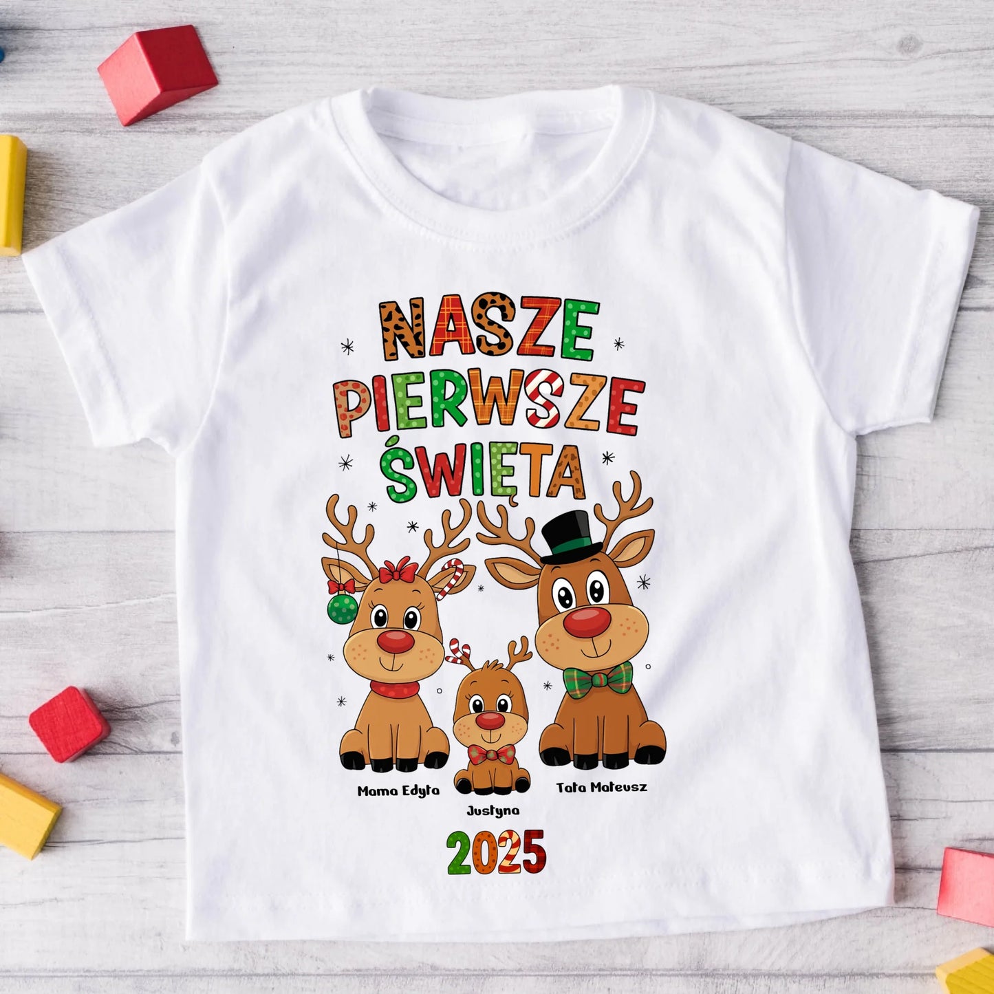 Koszulka świąteczna z reniferem - nasze pierwsze święta - Prezent na święta #9213