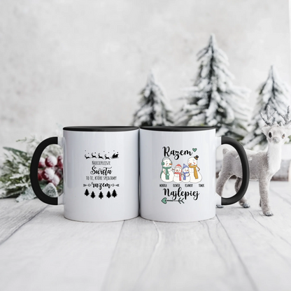 Świąteczny kubek personalizowany dla rodziny NAJCIEPLEJSZE ŚWIĘTA TO TE, KTÓRE SPĘDZAMY RAZEM | motyw z rodziną bałwanków #1007