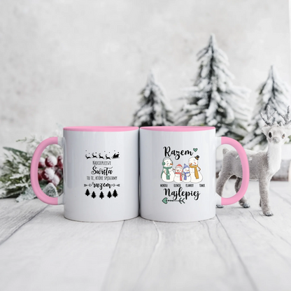 Świąteczny kubek personalizowany dla rodziny NAJCIEPLEJSZE ŚWIĘTA TO TE, KTÓRE SPĘDZAMY RAZEM | motyw z rodziną bałwanków #1007