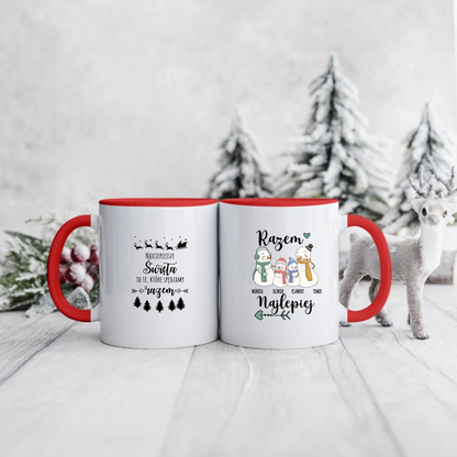 Świąteczny kubek personalizowany dla rodziny NAJCIEPLEJSZE ŚWIĘTA TO TE, KTÓRE SPĘDZAMY RAZEM | motyw z rodziną bałwanków #1007