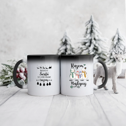 Świąteczny kubek personalizowany dla rodziny NAJCIEPLEJSZE ŚWIĘTA TO TE, KTÓRE SPĘDZAMY RAZEM | motyw z rodziną bałwanków #1007