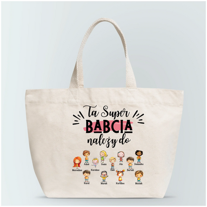 Torba personalizowana dla babci TA SUPER BABCIA NALEŻY DO | kolorowy motyw z personalizacją imion #11564