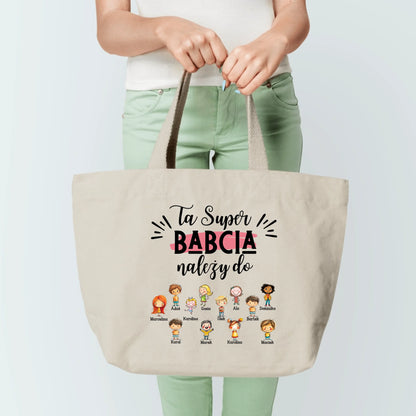 Torba personalizowana dla babci TA SUPER BABCIA NALEŻY DO | kolorowy motyw z personalizacją imion #11564