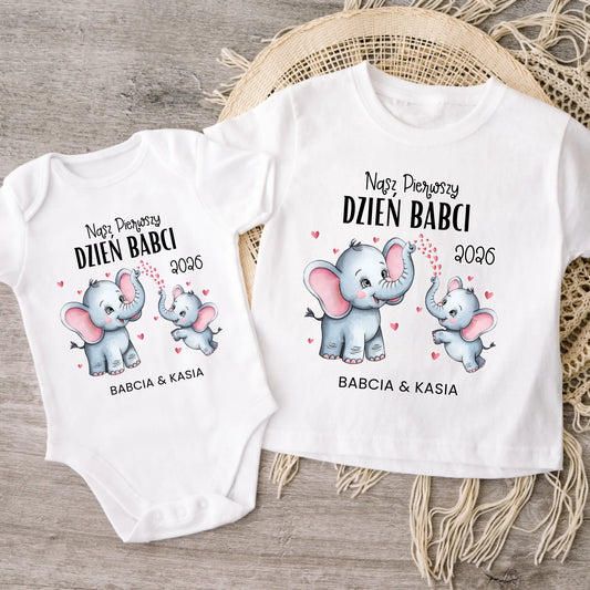 Body personalizowane NASZ PIERWSZY DZIEŃ BABCI | motyw z uroczymi słonikami #79012