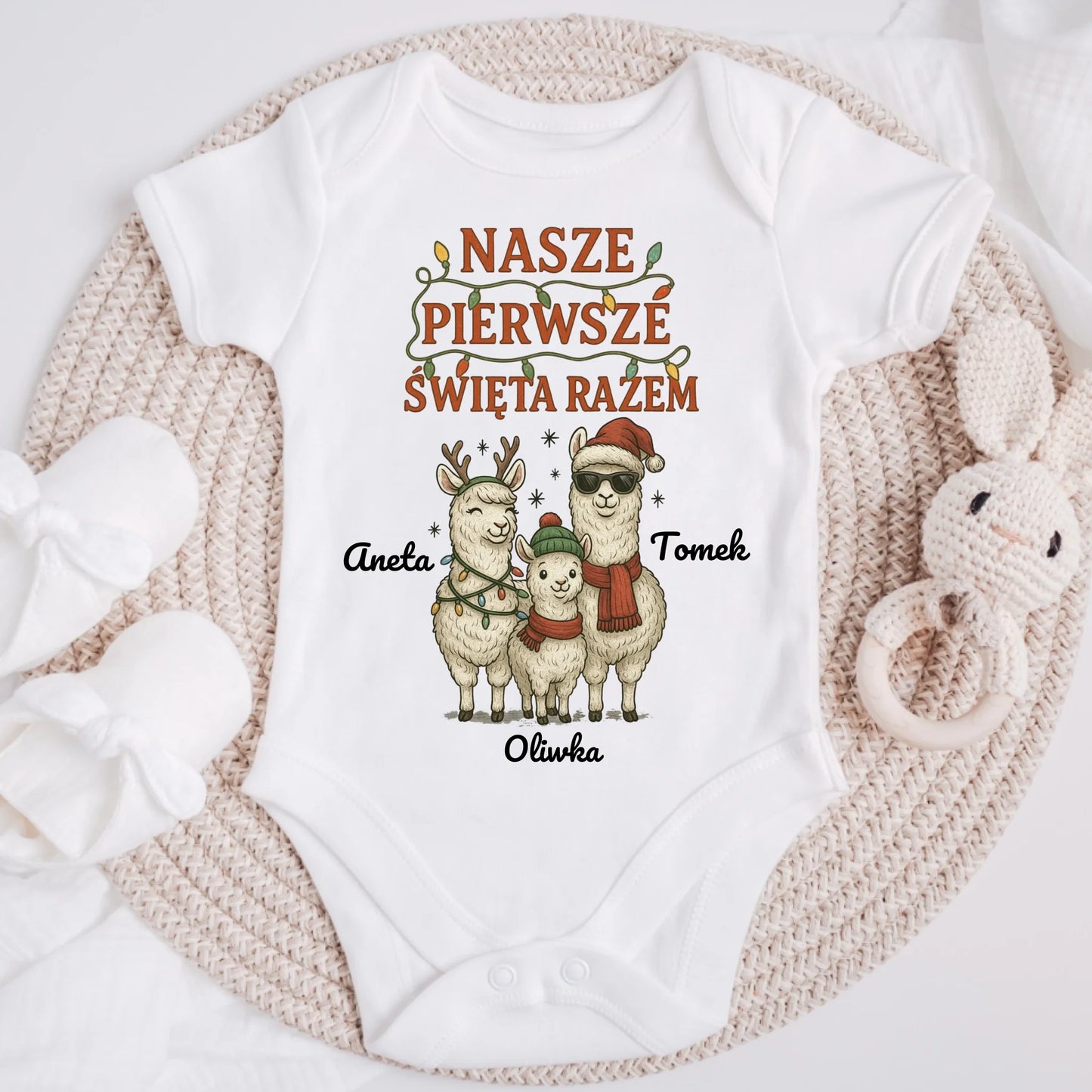 Koszulka personalizowana rodzinna NASZE PIERWSZE ŚWIĘTA RAZEM | świąteczny motyw z lamami #2425