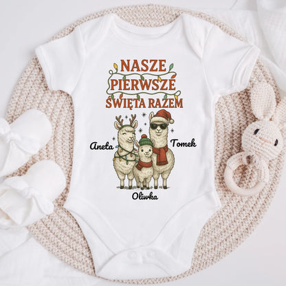 Koszulka personalizowana rodzinna NASZE PIERWSZE ŚWIĘTA RAZEM | świąteczny motyw z lamami #2425