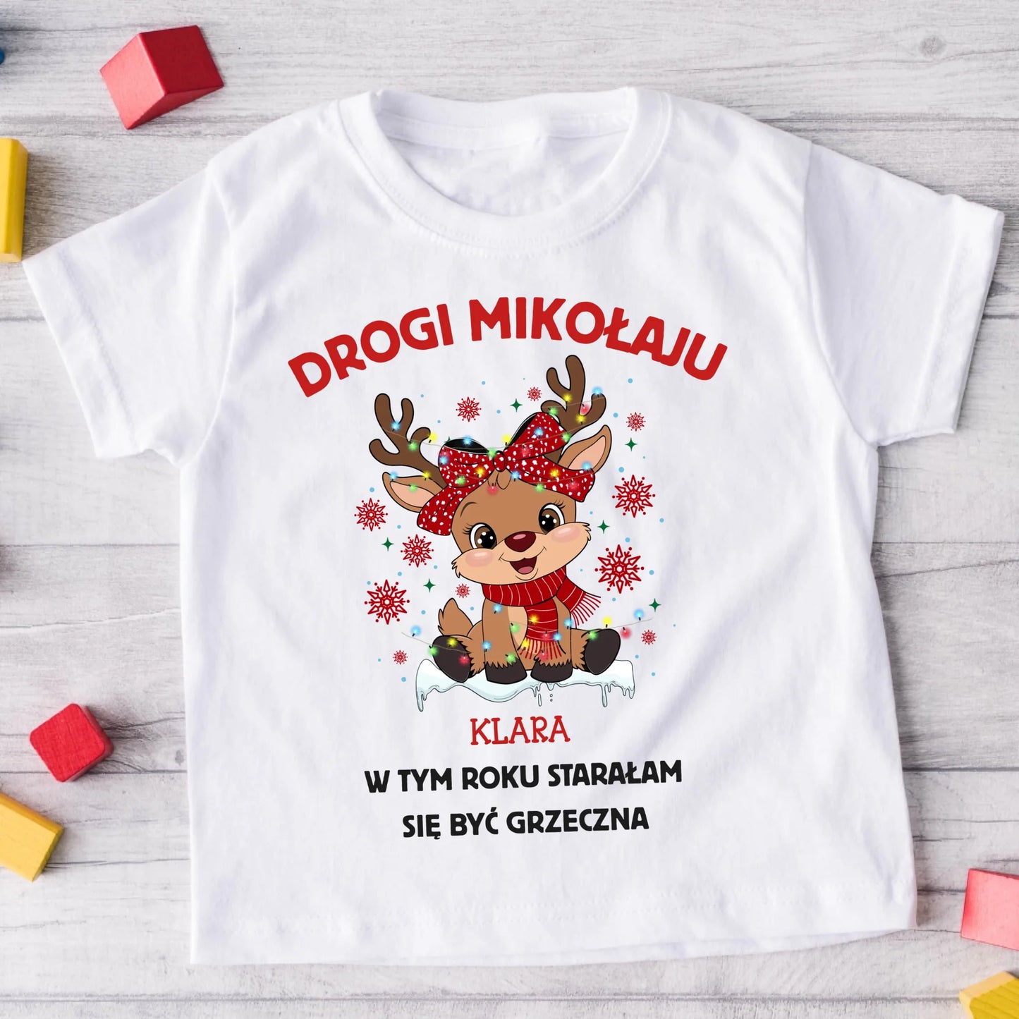 Świąteczna koszulka personalizowana dla dziecka DROGI MIKOŁAJU W TYM ROKU STARAŁAM SIĘ BYĆ GRZECZNA | z personalizacją imienia #2402