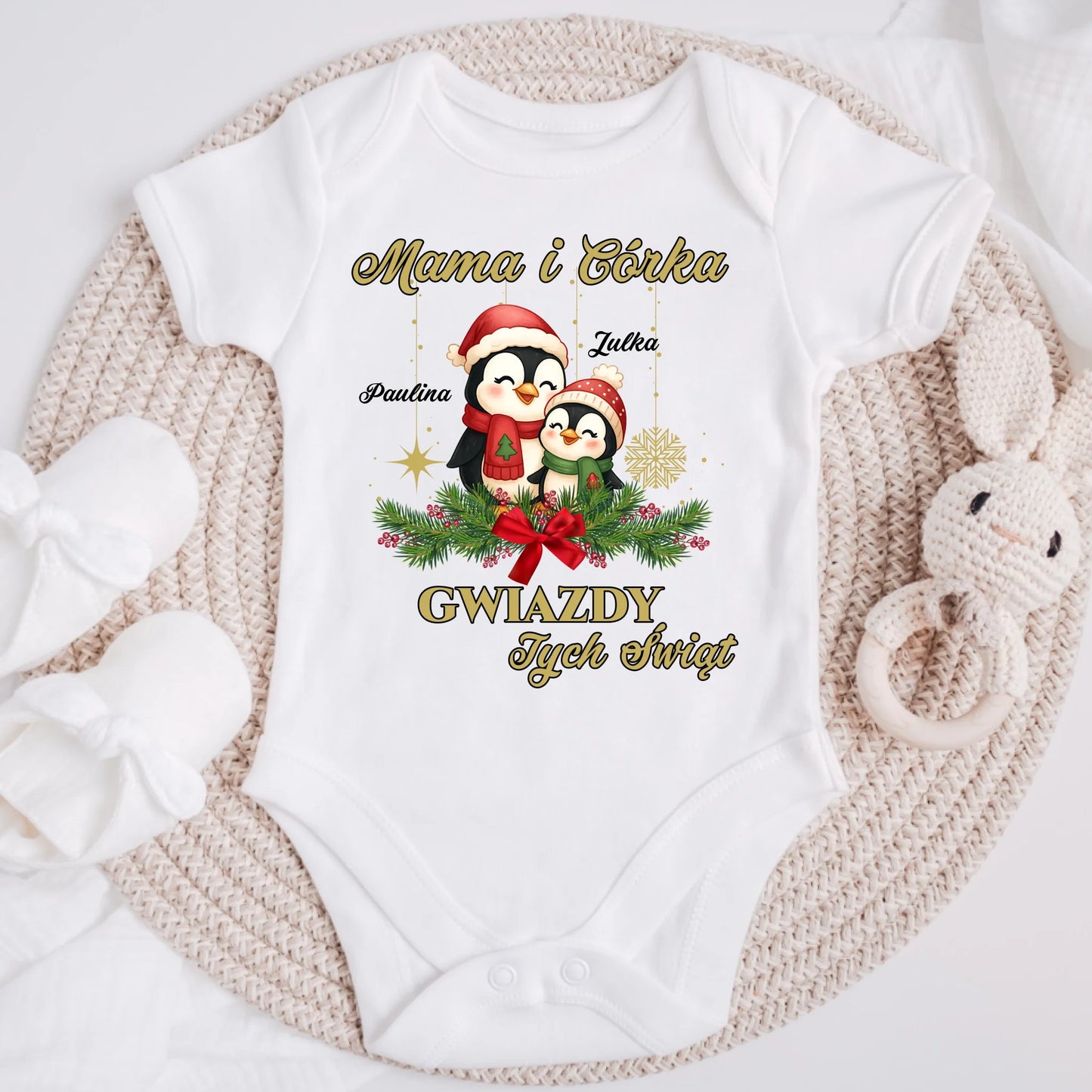 Koszulka personalizowana dla mamy i córki GWIAZDY TYCH ŚWIĄT | świąteczny motyw z pingwinami #24259