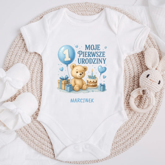 Body personalizowane MOJE PIERWSZE URODZINY | urodzinowy motyw z misiem z tortem #91