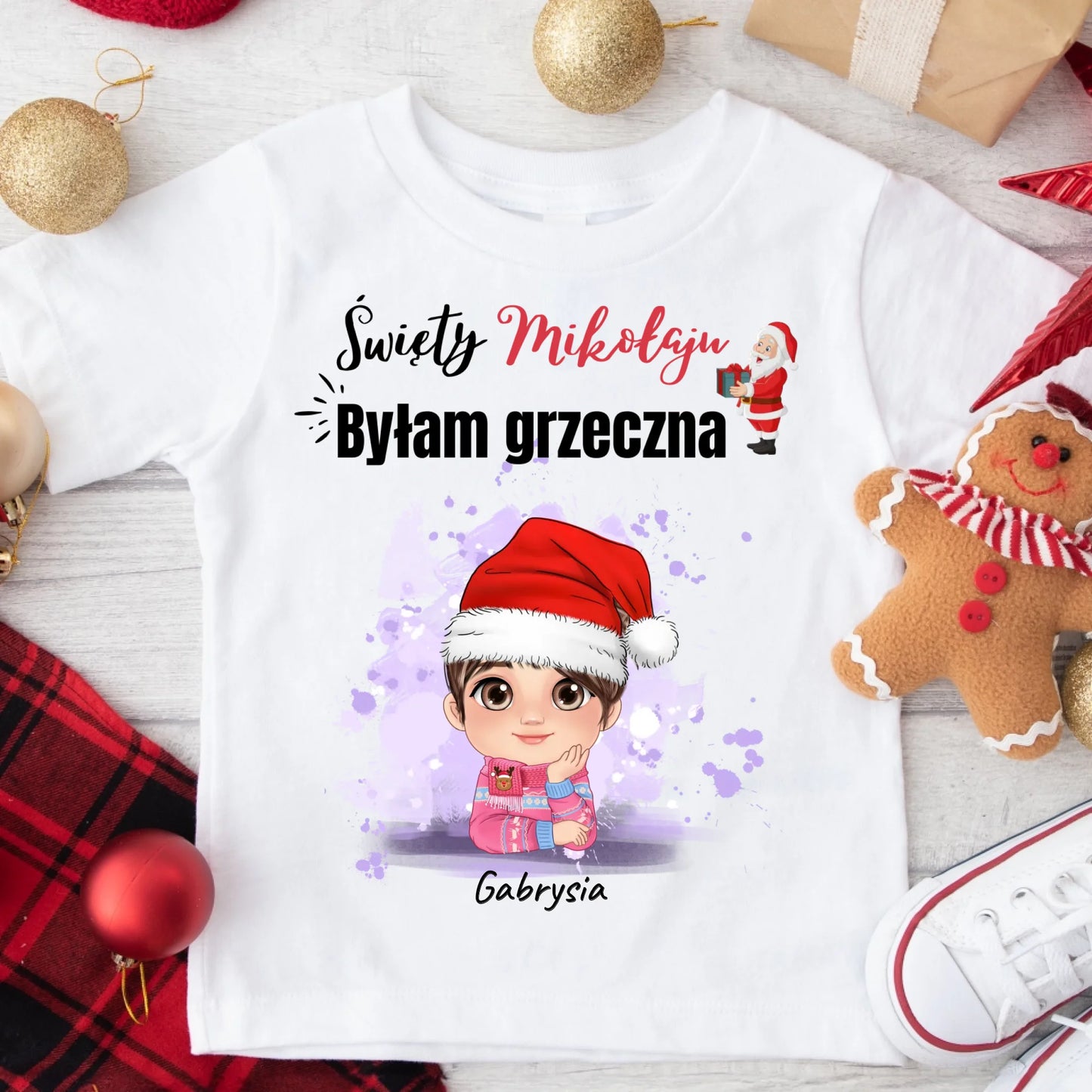 Świąteczna koszulka personalizowana ŚWIĘTY MIKOŁAJU BYŁAM GRZECZNA | zabawny motyw bożonarodzeniowy #2