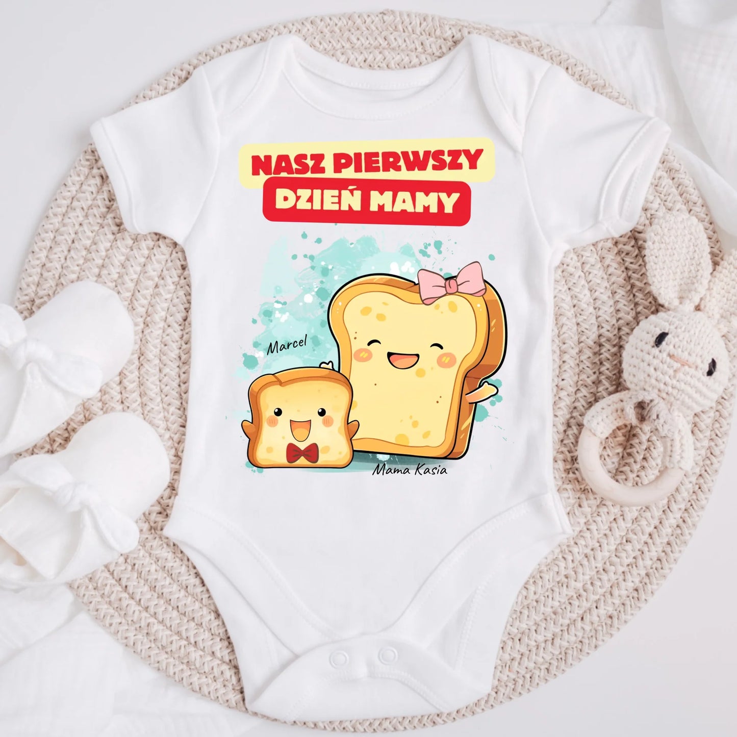 Koszulka personalizowana NASZ PIERWSZY DZIEŃ MAMY | motyw z uroczymi tostami #7919