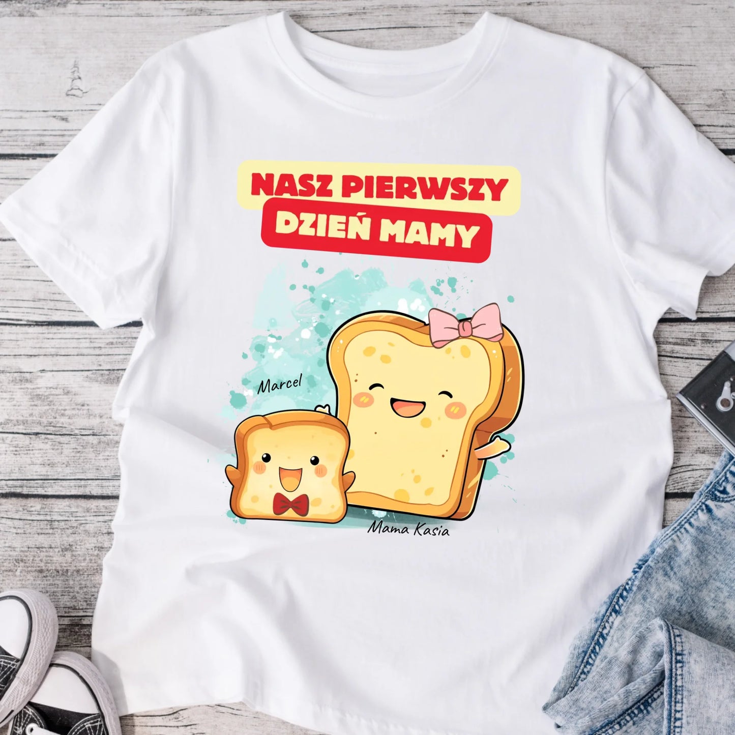 Koszulka personalizowana NASZ PIERWSZY DZIEŃ MAMY | motyw z uroczymi tostami #7919