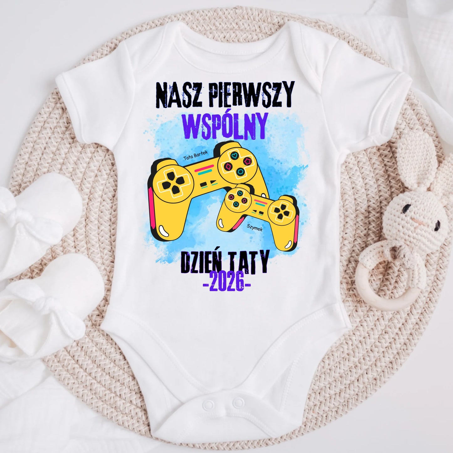 Koszulka personalizowana dla taty i dziecka NASZ PIERWSZY WSPÓLNY | motyw z padami do gier #7912