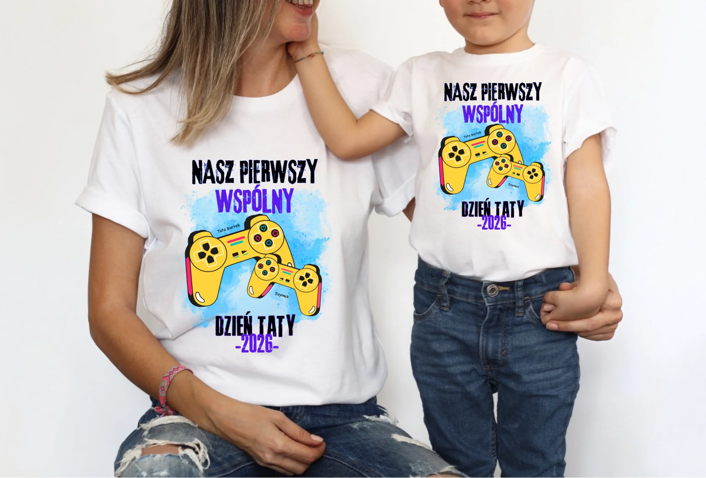 Koszulka personalizowana dla taty i dziecka NASZ PIERWSZY WSPÓLNY | motyw z padami do gier #7912