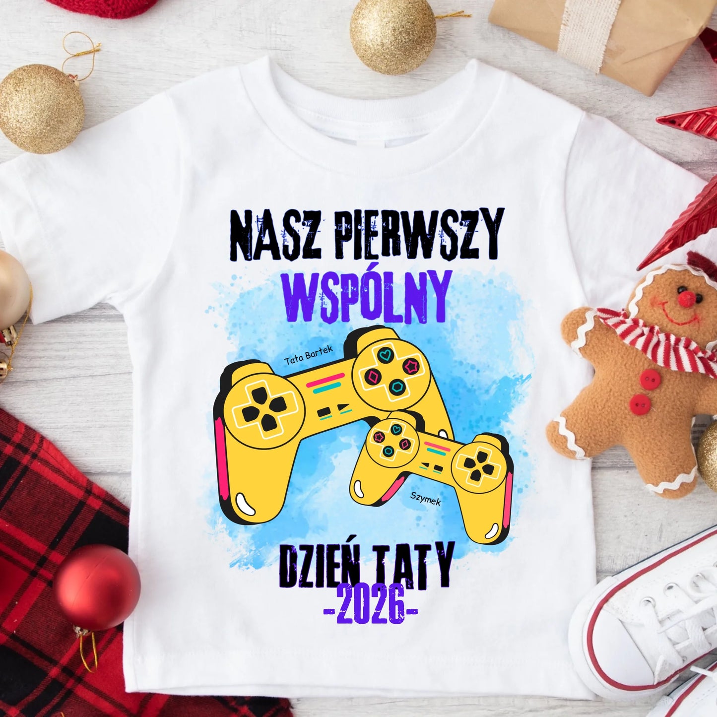 Koszulka personalizowana dla taty i dziecka NASZ PIERWSZY WSPÓLNY | motyw z padami do gier #7912