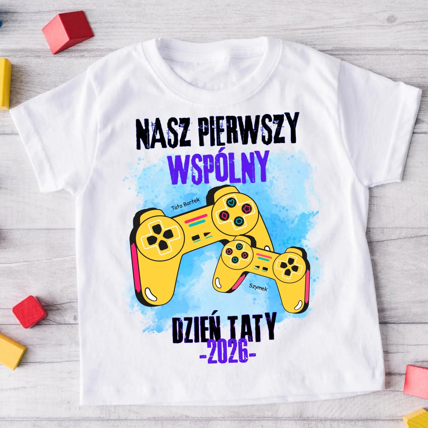 Koszulka personalizowana dla taty i dziecka NASZ PIERWSZY WSPÓLNY | motyw z padami do gier #7912
