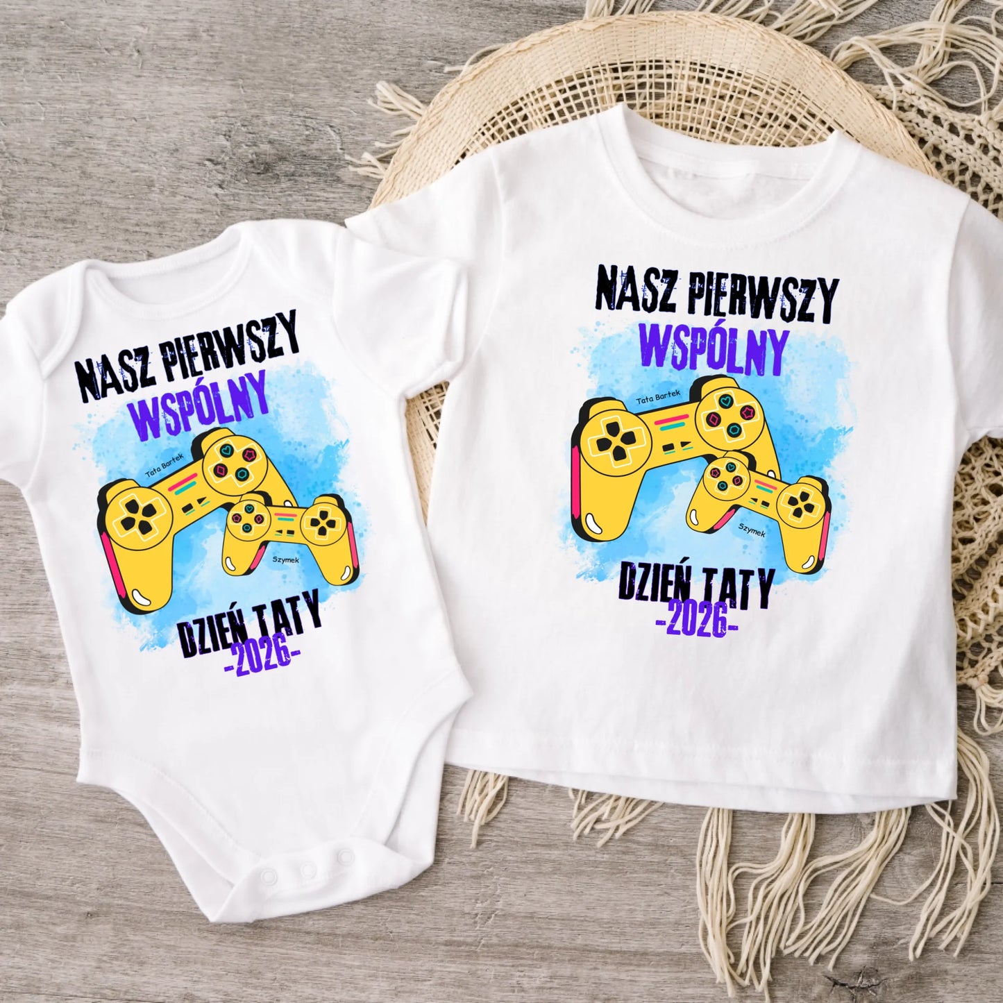 Koszulka personalizowana dla taty i dziecka NASZ PIERWSZY WSPÓLNY | motyw z padami do gier #7912