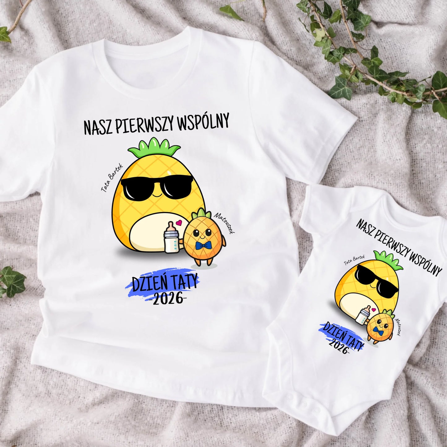 Koszulka personalizowana dla taty i dziecka NASZ PIERWSZY WSPÓLNY | motyw z ananasami #7516