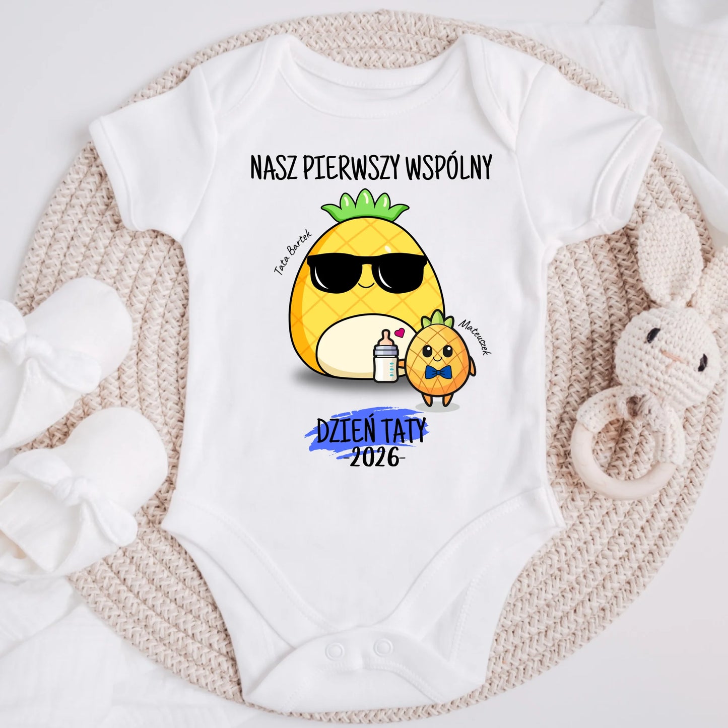 Koszulka personalizowana dla taty i dziecka NASZ PIERWSZY WSPÓLNY | motyw z ananasami #7516