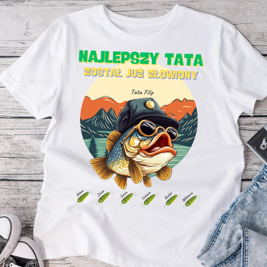 Koszulka personalizowana dla taty NAJLEPSZY TATA ZOSTAŁ JUŻ ZŁOWIONY | rodzinny motyw dla wędkarza #4233
