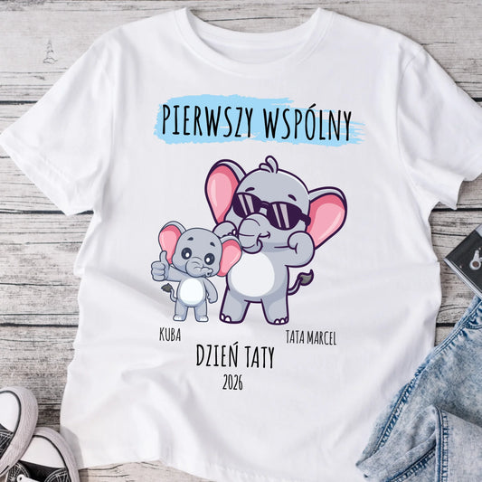 Koszulka personalizowana dla taty i dziecka PIERWSZY WSPÓLNY | motyw z uroczymi słoniami #223