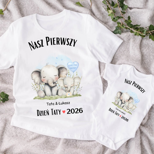 Koszulka personalizowana dla taty i syna/córki NASZ PIERWSZY DZIEŃ TATY | rodzinny motyw z uroczymi słonikami #42811
