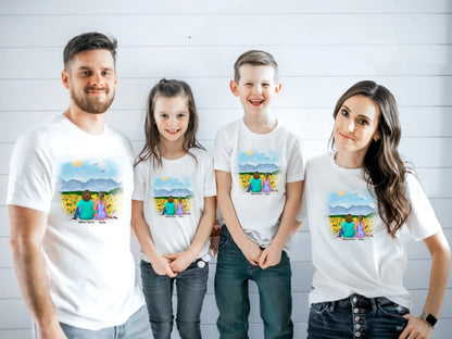 Koszulka personalizowana dla mamy i córki | motyw ze słonecznikami i górami #P21