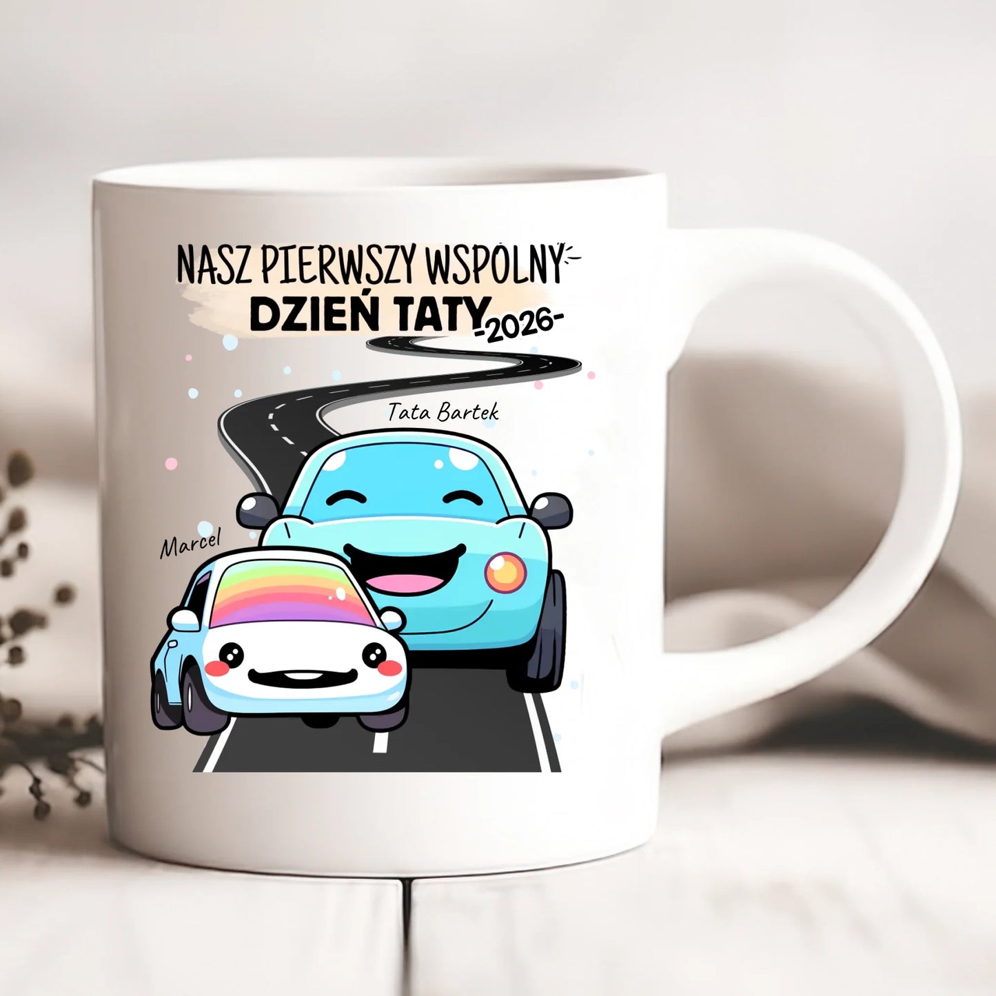 Kubek personalizowany dla taty i dziecka NASZ PIERWSZY WSPÓLNY DZIEŃ TATY | motyw z samochodami #51461