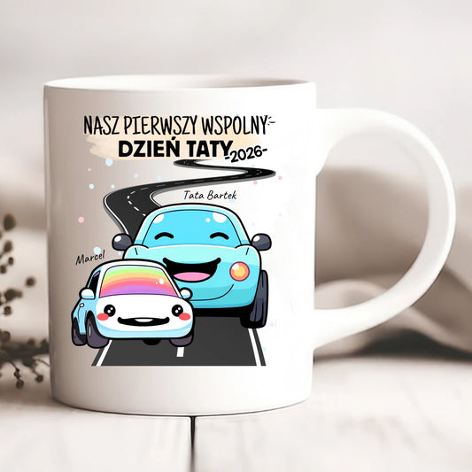 Kubek personalizowany dla taty i dziecka NASZ PIERWSZY WSPÓLNY DZIEŃ TATY | motyw z samochodami #51461
